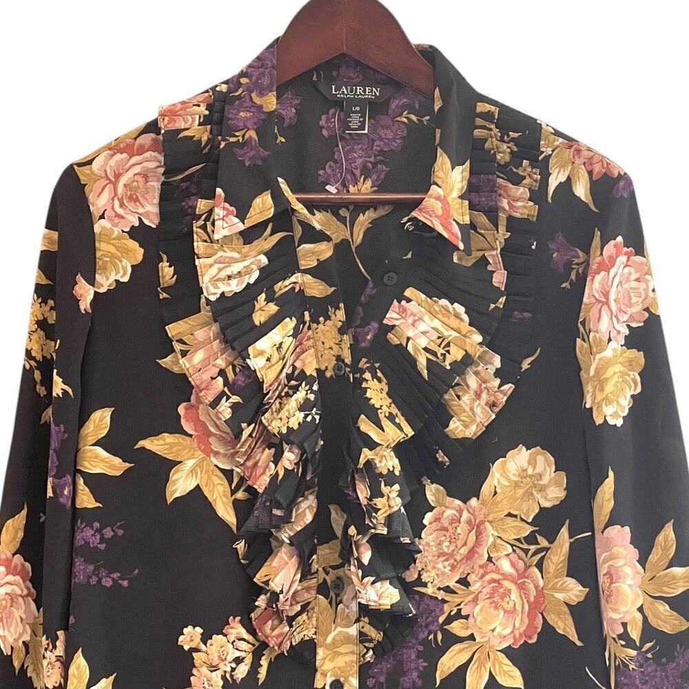 NEW Lauren Ralph Lauren Womens Sz 6 Floral Ruffle-Trim Georgette Shirt Black - Picture 6 of 12